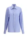 Saint Laurent Cassandre Striped Long-sleeved Shirt In Blue