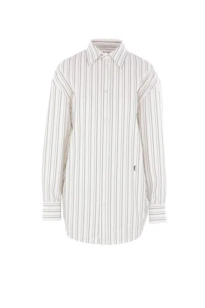Saint Laurent Striped Cotton Shirt Curved Hem In Craie Noir