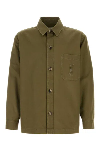 Saint Laurent Green Shirt With Classic Collar And Cassandre Embroidery On The Front In Cotton Man