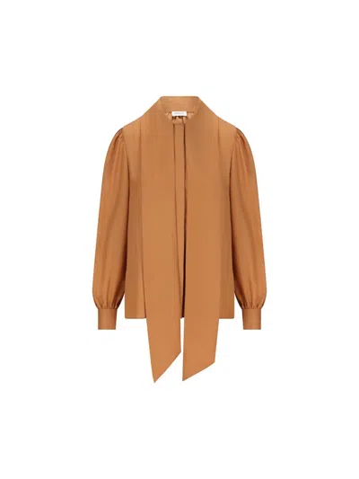 Saint Laurent Tie-neck Silk Charmeuse Blouse In Brown