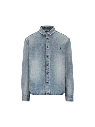 Saint Laurent Trouville Logo-embroidered Denim Shirt In Trouville Beach Blue