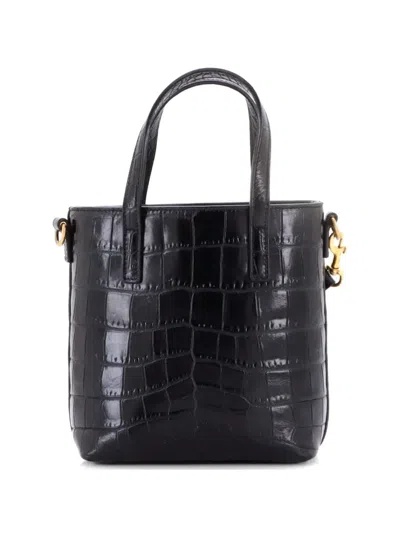 Pre-owned Saint Laurent Shopper Crocodile Embossed Leather Mini Toy Tote Bag In Black