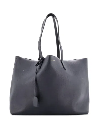 Pre-owned Saint Laurent Shopper Leather Large Tote Bag In Blue