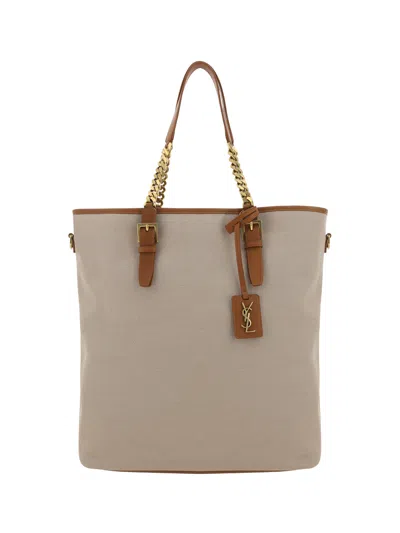 Saint Laurent Adjustable Strap Fabric Shopping Shoulder Bag In Desert Dust/brick