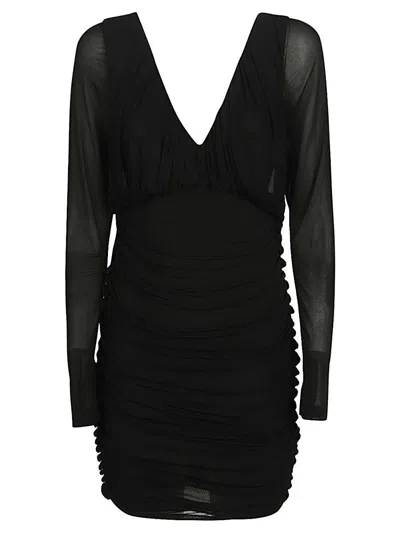 Saint Laurent Cupro Mini Dress With V Neckline And Sheer Sleeves In Black
