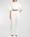 Saint Laurent Short-sleeve Belted Straight-leg Jumpsuit In White