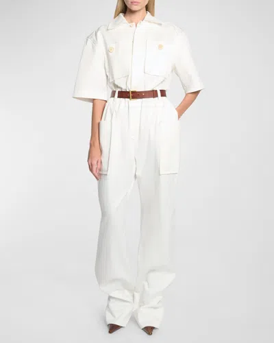 Saint Laurent Short-sleeve Belted Straight-leg Jumpsuit In White