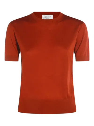 Saint Laurent Short-sleeve Crew-neck Sweater In Orange