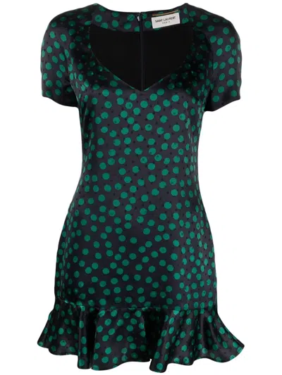 Saint Laurent Short-sleeve Ruffled Mini Dress In Multi