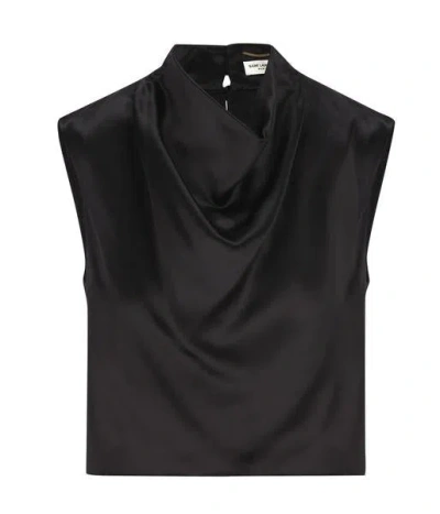 SAINT LAURENT SHORT TOP WITH HOODED NECK IN SATIN