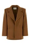 Saint Laurent Brown Coat With Classic Lapels And Shoulder Pads In Virgin Wool Woman In Beige