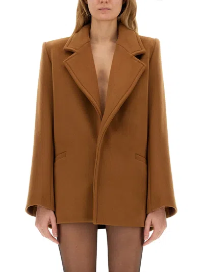 Saint Laurent Camel Wool Short Coat In Brown