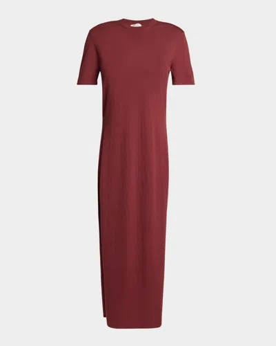 Saint Laurent Short-sleeve Wool Side-slits Midi Dress In Burgundy
