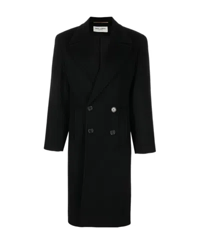 Saint Laurent Shoulder-pad Double-breasted Coat In Black