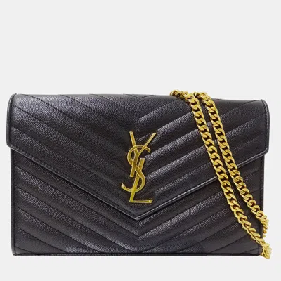 Pre-owned Saint Laurent Shoulder Wallet Grain De Poudre Leather Cassandra Classic Chain Black