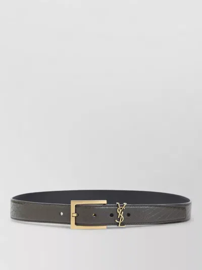 Saint Laurent Signature Belt 3 Cm Adjustable Elongated Square Buckle In Gray