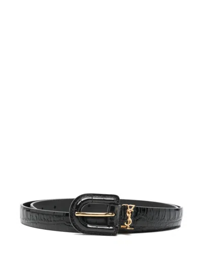 Saint Laurent Signature Buckle Belt In Black