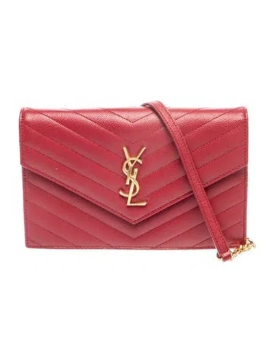 Pre-owned Saint Laurent Signature Cassandre Envelope Chain Wallet Small In Red