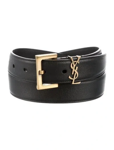 Pre-owned Saint Laurent Signature Logo Leather Belt In Black