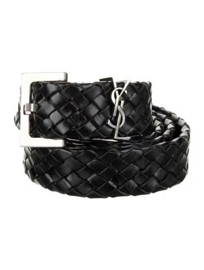 Pre-owned Saint Laurent Signature Logo Leather Belt W/ Tags In Black