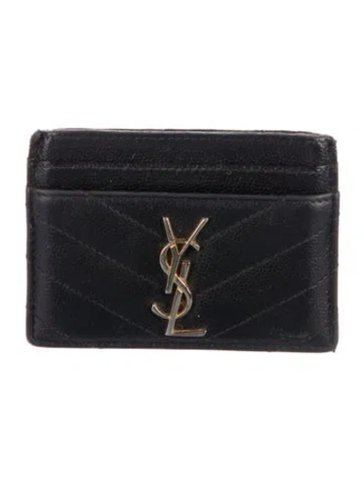 Pre-owned Saint Laurent Signature Logo Leather Card Holder In Black