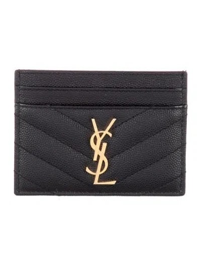 Pre-owned Saint Laurent Signature Logo Leather Card Holder In Black