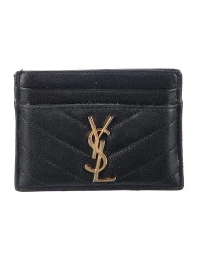 Pre-owned Saint Laurent Signature Logo Leather Card Holder In Black