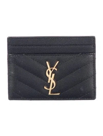 Pre-owned Saint Laurent Signature Logo Leather Card Holder In Black