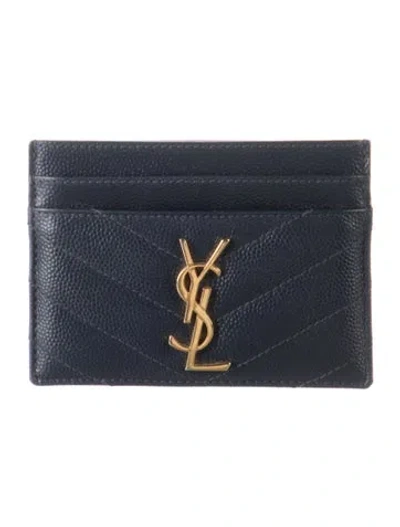 Pre-owned Saint Laurent Signature Logo Leather Card Holder In Blue