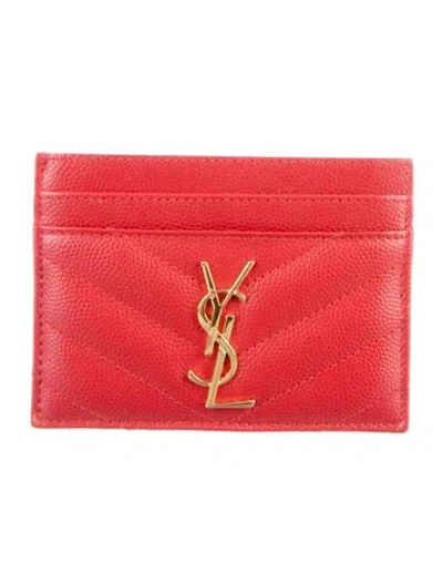 Pre-owned Saint Laurent Signature Logo Leather Card Holder In Red