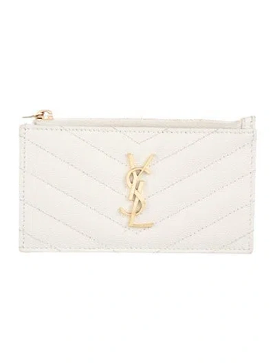Pre-owned Saint Laurent Signature Logo Leather Card Holder In White