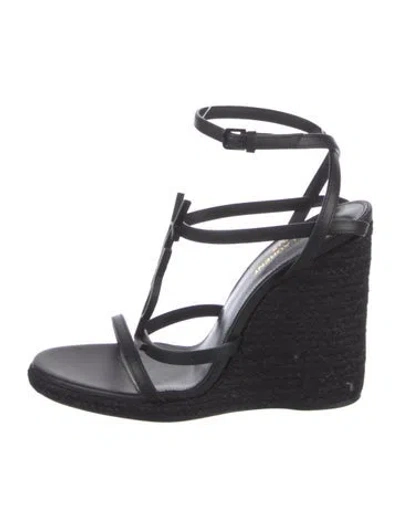 Pre-owned Saint Laurent Signature Logo Leather Espadrilles In Black