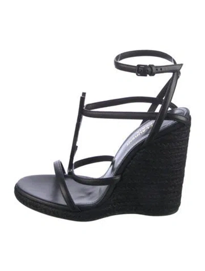 Pre-owned Saint Laurent Signature Logo Leather Espadrilles In Black