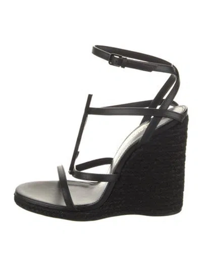 Pre-owned Saint Laurent Signature Logo Leather Espadrilles In Black