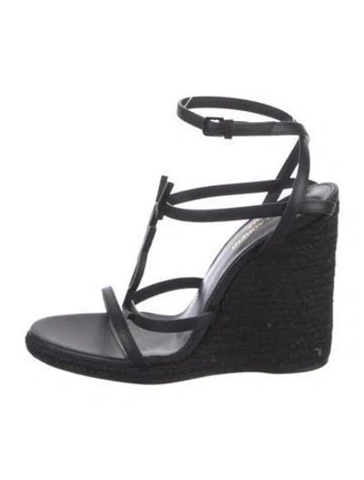 Pre-owned Saint Laurent Signature Logo Leather Espadrilles In Black