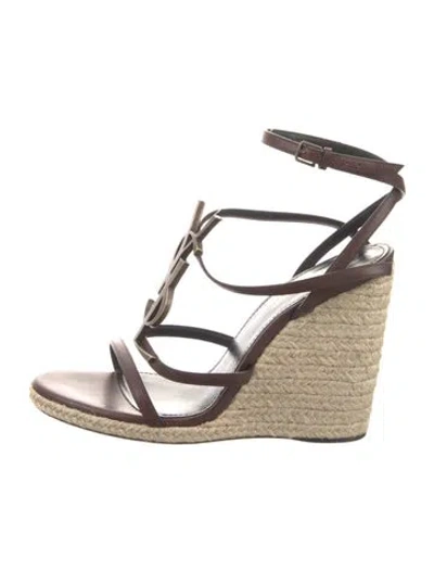 Pre-owned Saint Laurent Signature Logo Leather Espadrilles In Brown