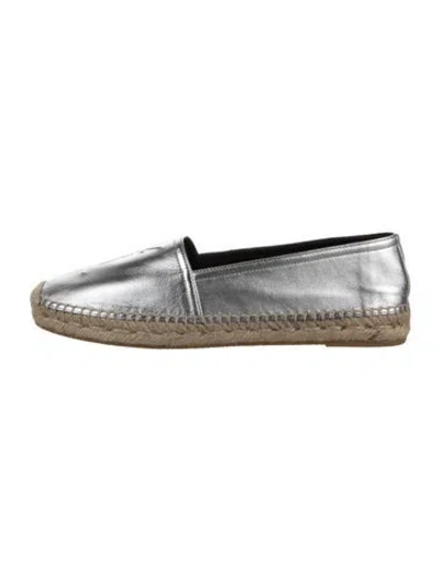 Pre-owned Saint Laurent Signature Logo Leather Espadrilles In Metallic/silver