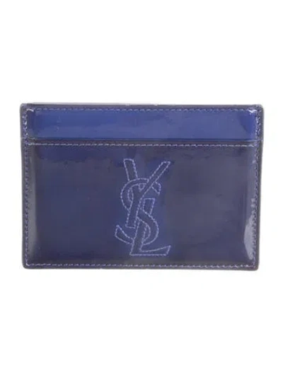 Pre-owned Saint Laurent Signature Logo Patent Leather Card Holder In Blue