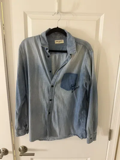 Pre-owned Saint Laurent Signature Script Denim Button Down In Blue