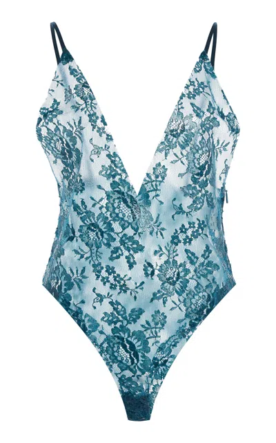 Saint Laurent Silicone-coated Lace Bodysuit In Blue