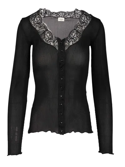 Saint Laurent Silk And Lace Cardigan Knitwear Black