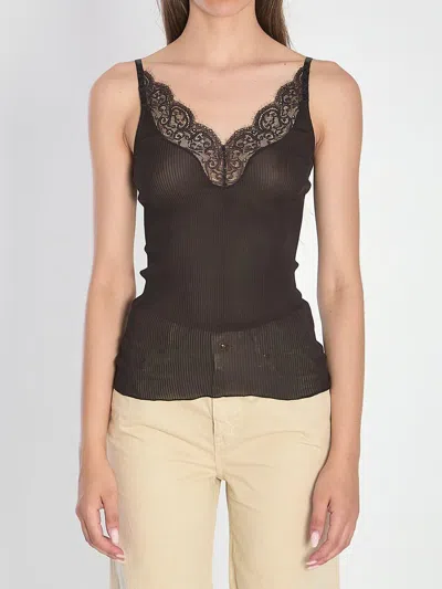 Saint Laurent Silk And Lace Top In Black