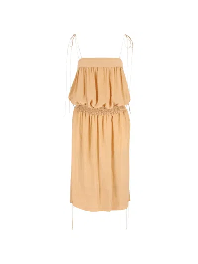 Saint Laurent Silk Ballon Midi Dress In Nude