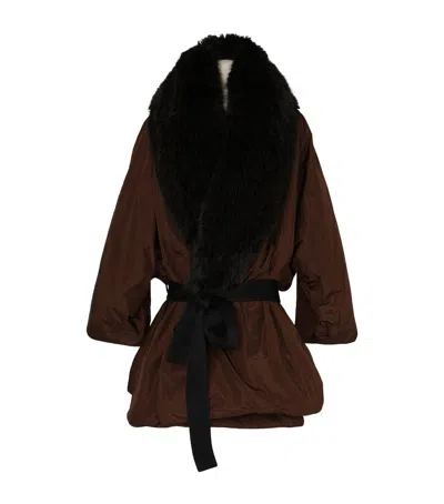 Saint Laurent Silk Belted Coat In Brown