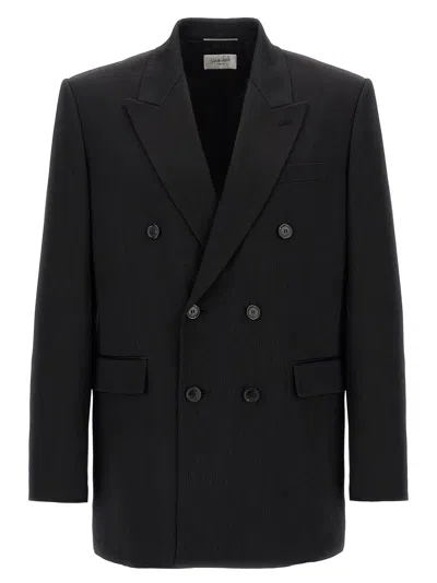 Saint Laurent Double-breasted Blazer In Silk Satin Crepon In Black