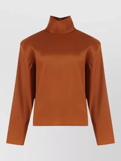 Saint Laurent Silk Blend Blouse Cropped High Collar In Brown