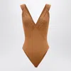 Saint Laurent Silk-blend Muslin Bodysuit In Brown