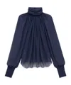 Saint Laurent Turtleneck Blouse In Silk Muslin In Blue