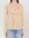 Saint Laurent Silk Blouse Deep V-neck Ruffled Front In Neutral
