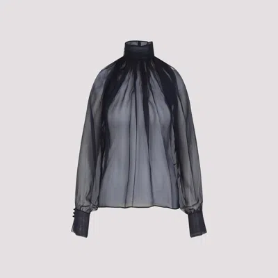 Saint Laurent Sheer Silk Blouse Tops Blue In Black